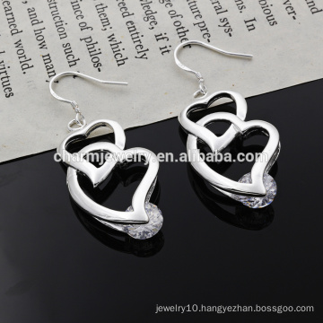 2015 Double Heart Shape Crystal Earring Plating Silver Earring Fashion Earring Designs New Model Earrings DS005